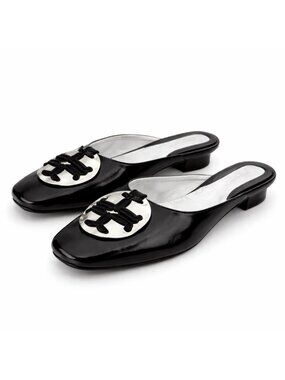 Tory Burch Patos Logo Kitten Heel Mules Black Leather Womens 6.5 New